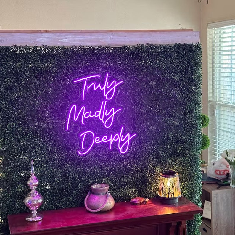 Romantic Truly, Madly, Deeply neon sign for wedding décor by Neon.Shop