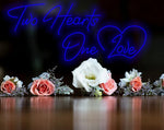Two Hearts One Love Valentine’s Day neon sign with intertwined glowing hearts, romantic wall décor by Neon.Shop