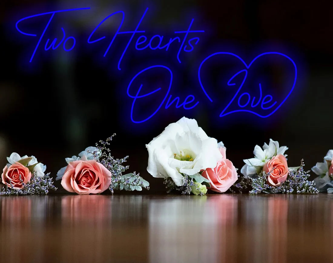 Two Hearts One Love Valentine’s Day neon sign with intertwined glowing hearts, romantic wall décor by Neon.Shop