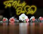 Two Hearts One Love Valentine’s Day neon sign with intertwined glowing hearts, romantic wall décor by Neon.Shop