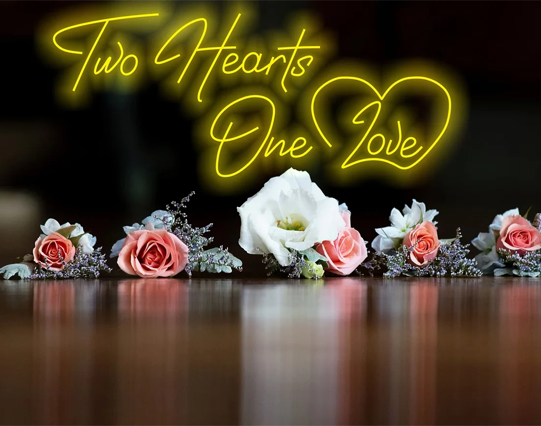 Two Hearts One Love Valentine’s Day neon sign with intertwined glowing hearts, romantic wall décor by Neon.Shop