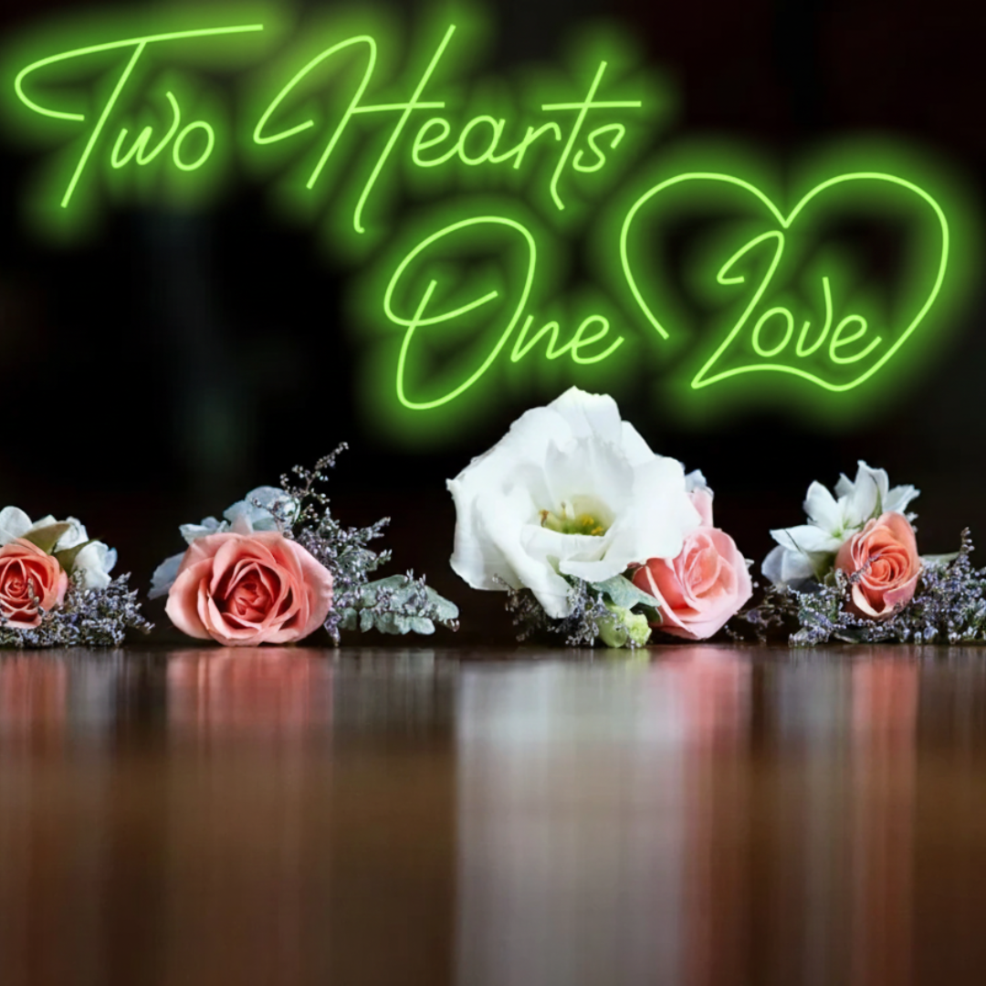 Two Hearts One Love Valentine’s Day neon sign with intertwined glowing hearts, romantic wall décor by Neon.Shop