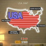 USA map LED neon sign glowing on a home wall, ideal for living rooms, offices, and patriotic décor by Neon.Shop