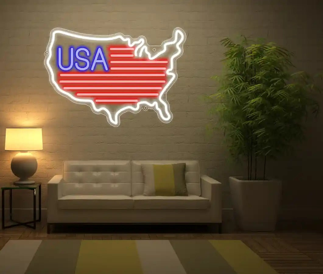 USA map LED neon sign glowing on a home wall, ideal for living rooms, offices, and patriotic décor by Neon.Shop