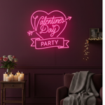 Valentine’s Day Party” LED neon sign glowing in pink and red tones, perfect for romantic and festive décor by Neon.Shop