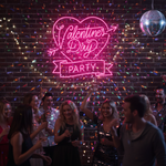 Valentine’s Day Party” LED neon sign glowing in pink and red tones, perfect for romantic and festive décor by Neon.Shop