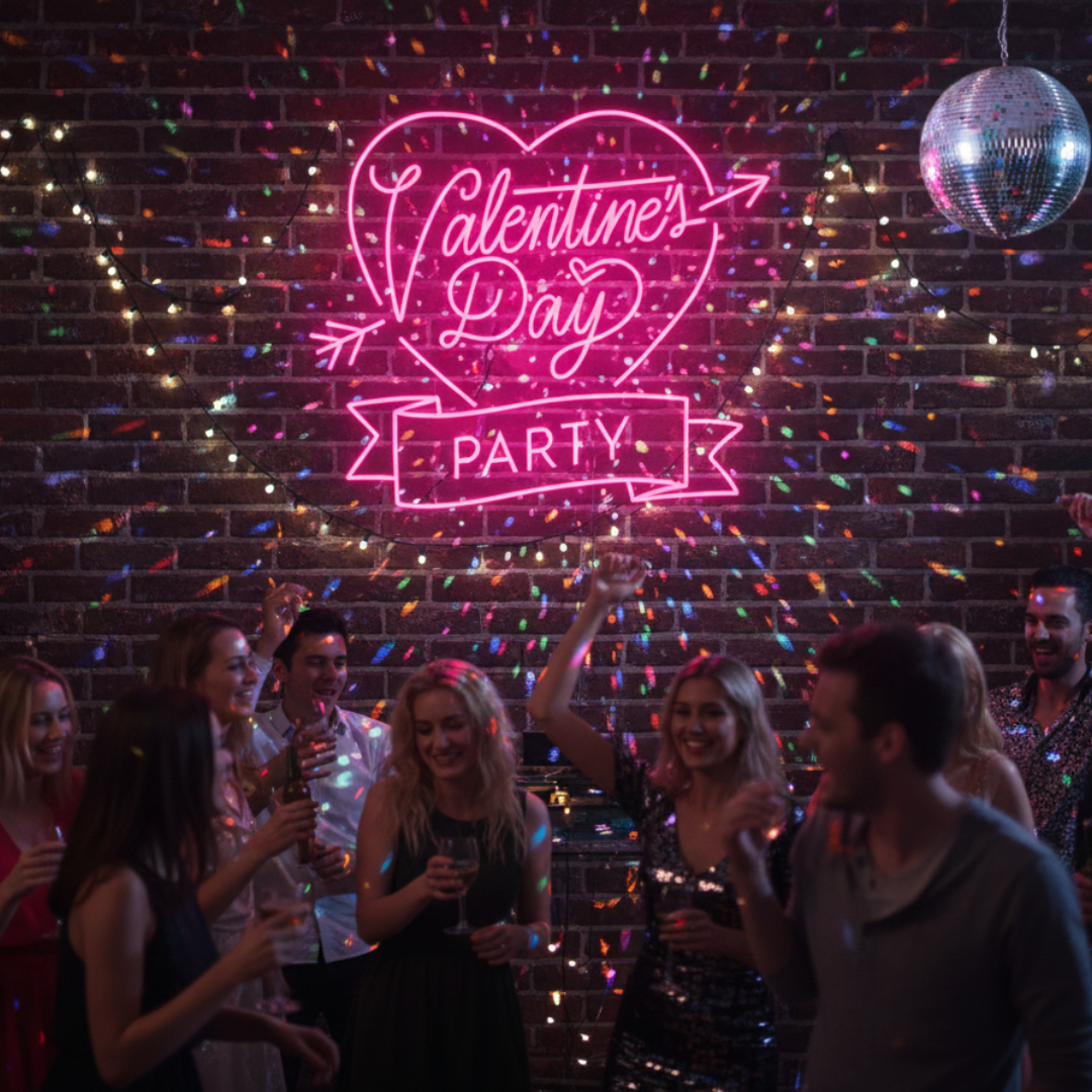 Valentine’s Day Party” LED neon sign glowing in pink and red tones, perfect for romantic and festive décor by Neon.Shop