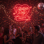 Valentine’s Day Party” LED neon sign glowing in pink and red tones, perfect for romantic and festive décor by Neon.Shop