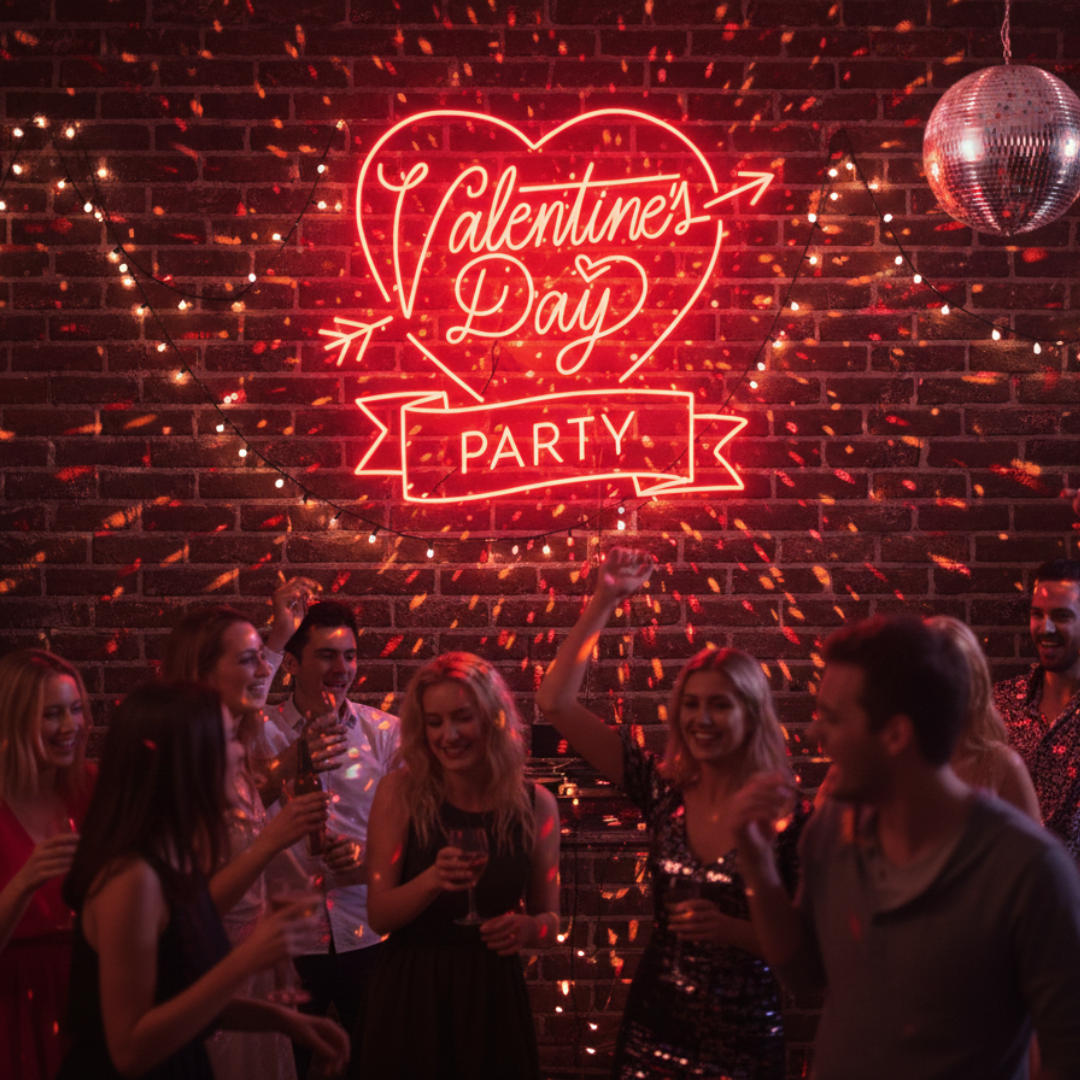 Valentine’s Day Party” LED neon sign glowing in pink and red tones, perfect for romantic and festive décor by Neon.Shop