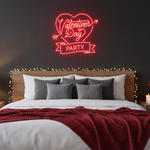 Valentine’s Day Party” LED neon sign glowing in pink and red tones, perfect for romantic and festive décor by Neon.Shop
