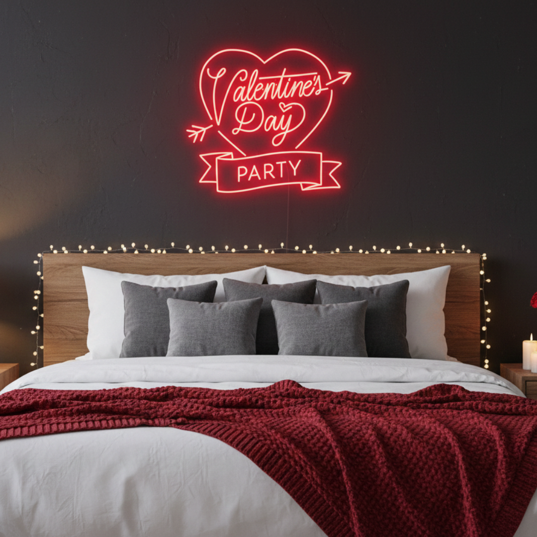 Valentine’s Day Party” LED neon sign glowing in pink and red tones, perfect for romantic and festive décor by Neon.Shop