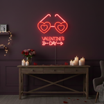 Valentine’s Day With Heart Sunglasses” LED neon sign glowing in pink and red tones, perfect for playful Valentine’s Day décor by Neon.Shop