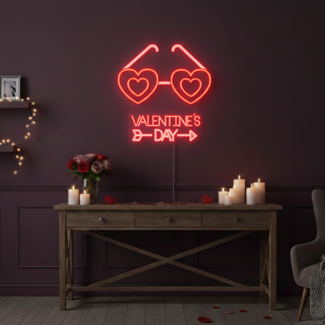 Valentine’s Day With Heart Sunglasses” LED neon sign glowing in pink and red tones, perfect for playful Valentine’s Day décor by Neon.Shop