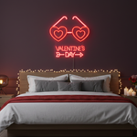 Valentine’s Day With Heart Sunglasses” LED neon sign glowing in pink and red tones, perfect for playful Valentine’s Day décor by Neon.Shop