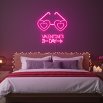 Valentine’s Day With Heart Sunglasses” LED neon sign glowing in pink and red tones, perfect for playful Valentine’s Day décor by Neon.Shop