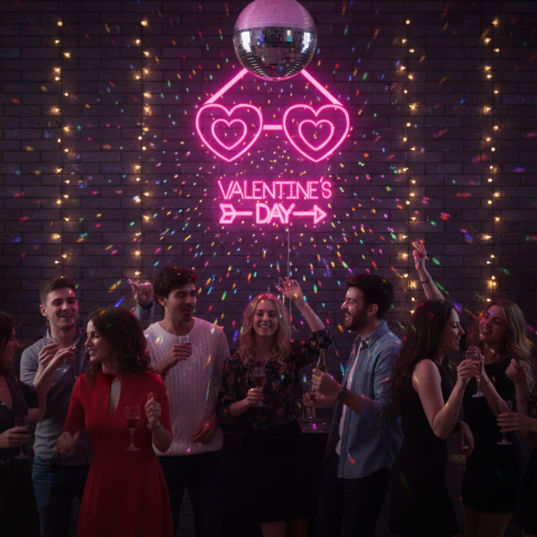 Valentine’s Day With Heart Sunglasses LED neon sign glowing in pink and red tones, perfect for playful Valentine’s Day décor by Neon.Shop
