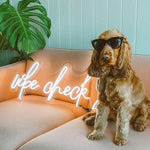 Vibe Check trendy LED neon sign glowing on bedroom wall by Neon.Shop