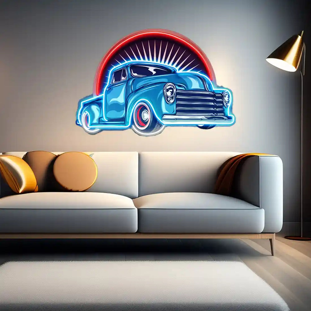 Vintage Pickup Truck UV Art LED Neon Sign in blue and red colour by manhattanneons.com
