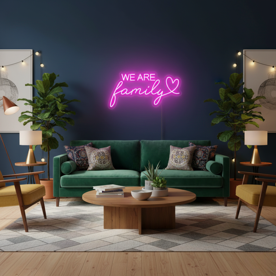 We Are Family LED neon sign by Neon.Shop glowing on a wall as inspirational and cozy neon home décor