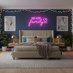 We Are Family LED neon sign by Neon.Shop glowing on a wall as inspirational and cozy neon home décor