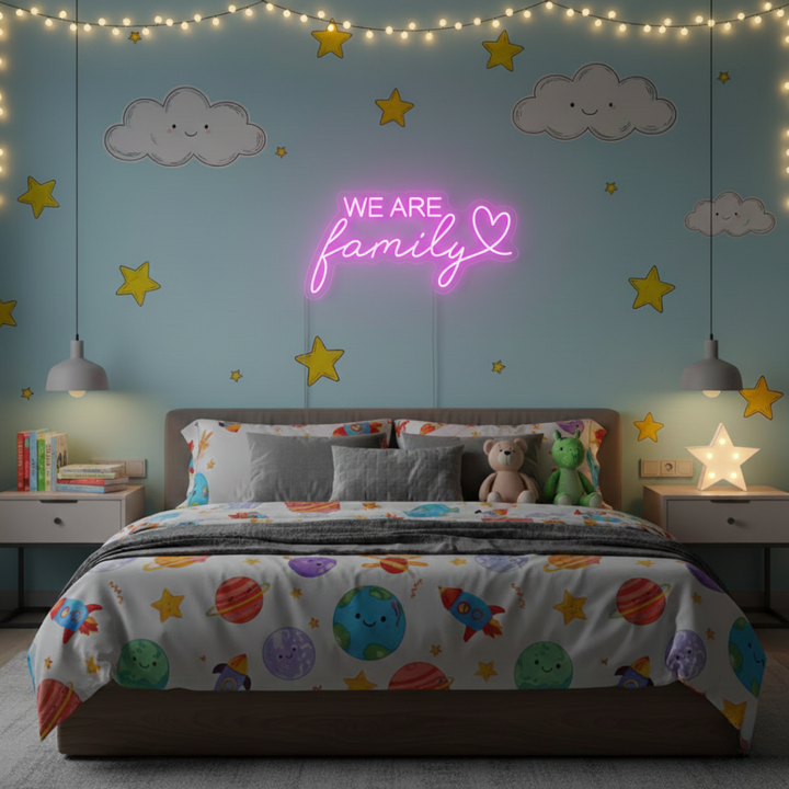 We Are Family LED neon sign by Neon.Shop glowing on a wall as inspirational and cozy neon home décor
