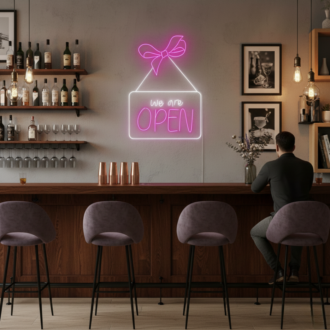 We Are Open Business Neon Sign by Neon.Shop glowing in a shop window