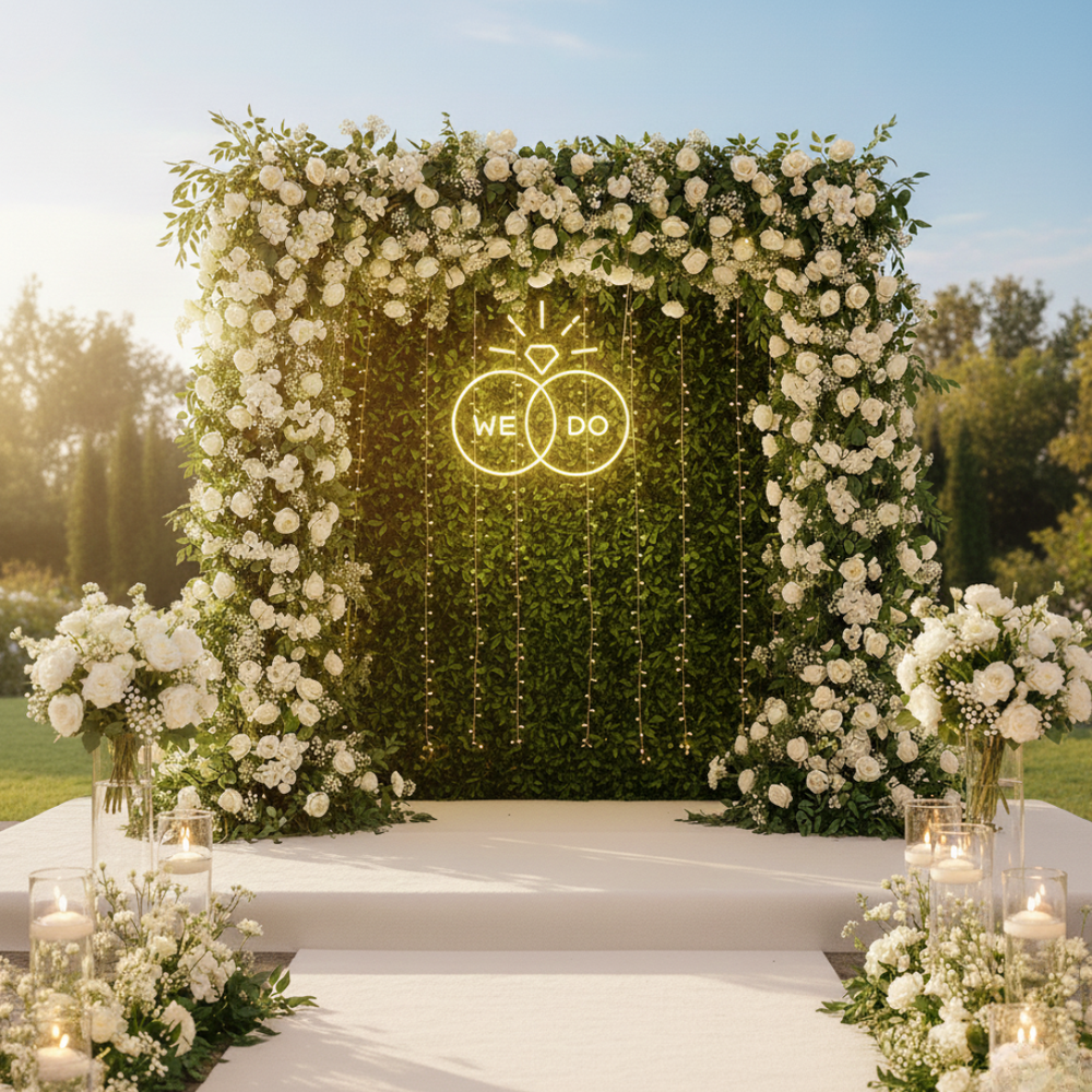 We Do Wedding LED Neon Sign glowing at ceremony by Neon.Shop - Warm White 