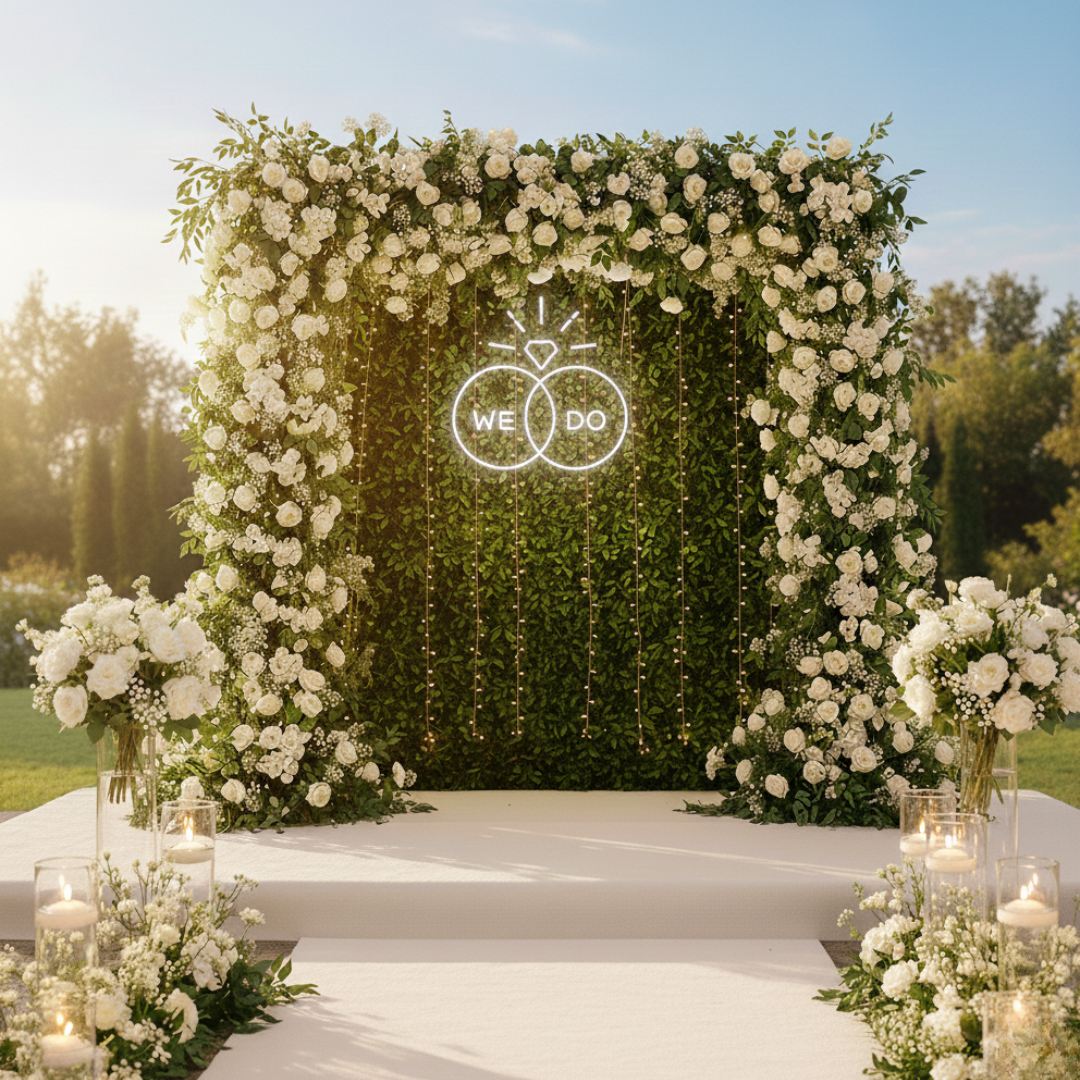 We Do Wedding LED Neon Sign glowing at ceremony by Neon.Shop - Cool White 