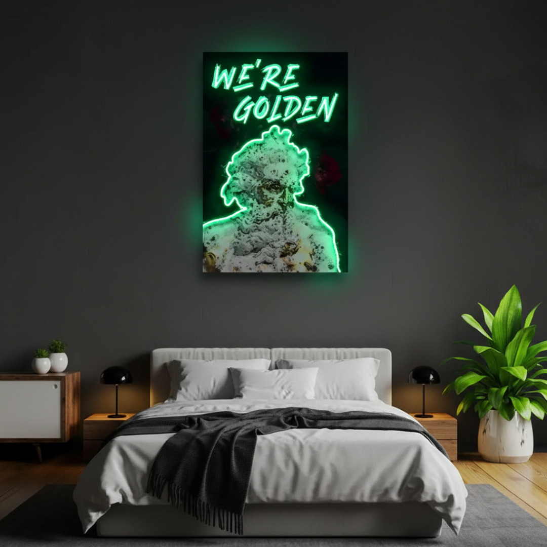 We’re Golden UV Art LED Neon Sign with bright UV art glow, motivational LED wall décor by Neon.Shop