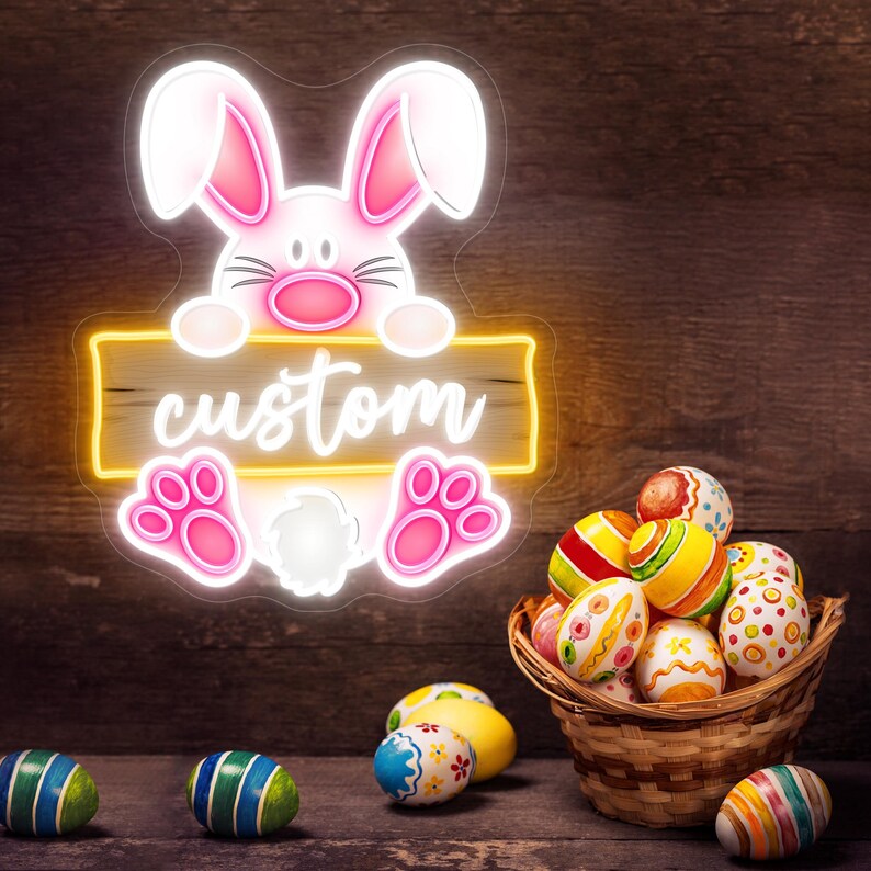 Welcome Bunny Easter Neon Sign glowing LED wall decor by Neon.Shop
