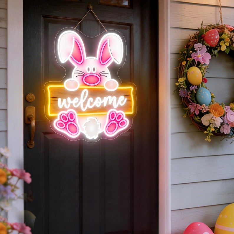 Welcome Bunny Easter Neon Sign glowing LED wall decor by Neon.Shop
