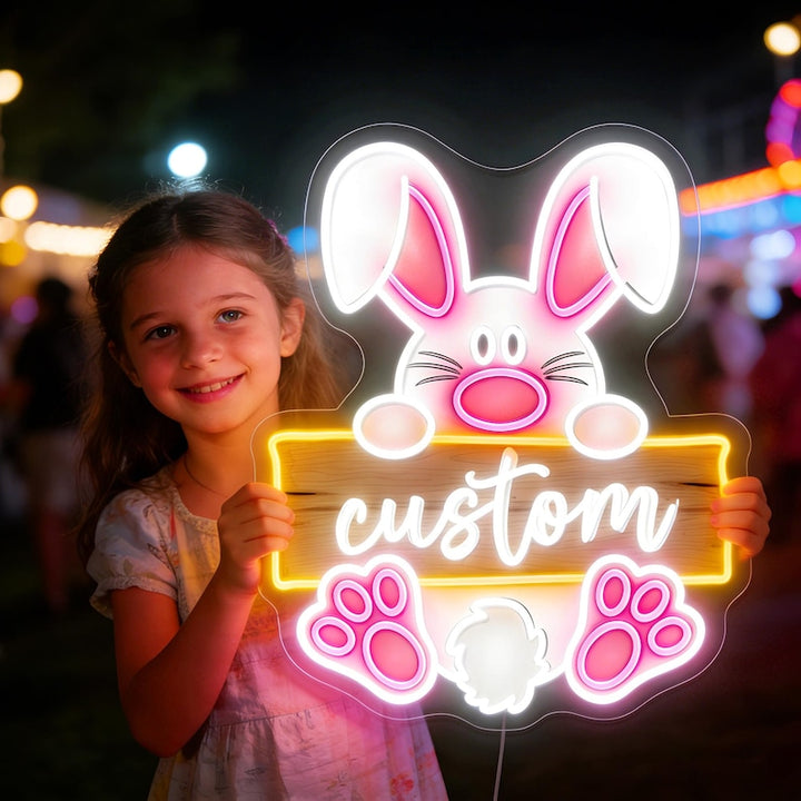 Welcome Bunny Easter Neon Sign glowing LED wall decor by Neon.Shop