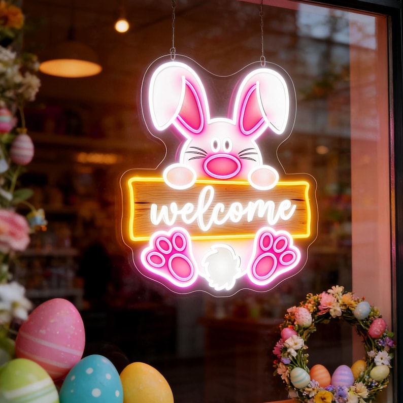 Welcome Bunny Easter Neon Sign glowing LED wall decor by Neon.Shop