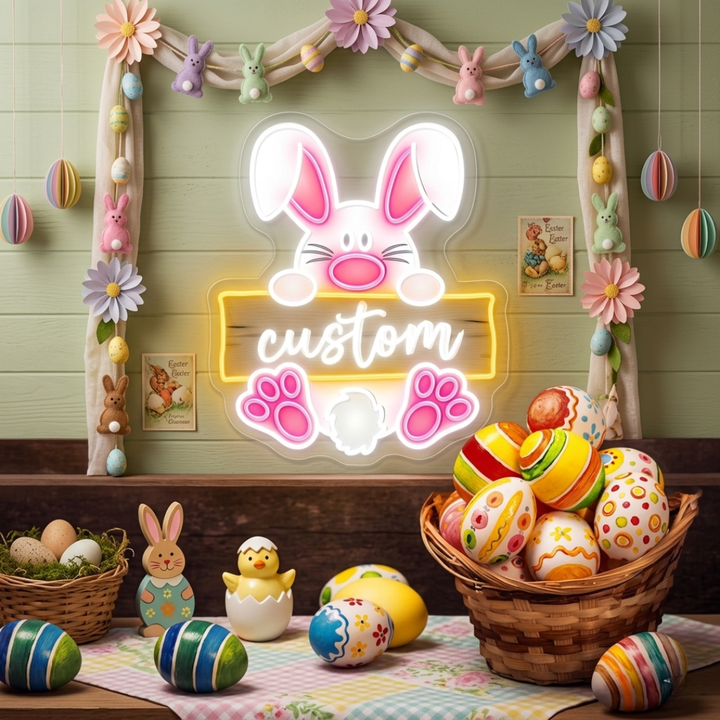 Welcome Bunny Easter Neon Sign glowing LED wall decor by Neon.Shop