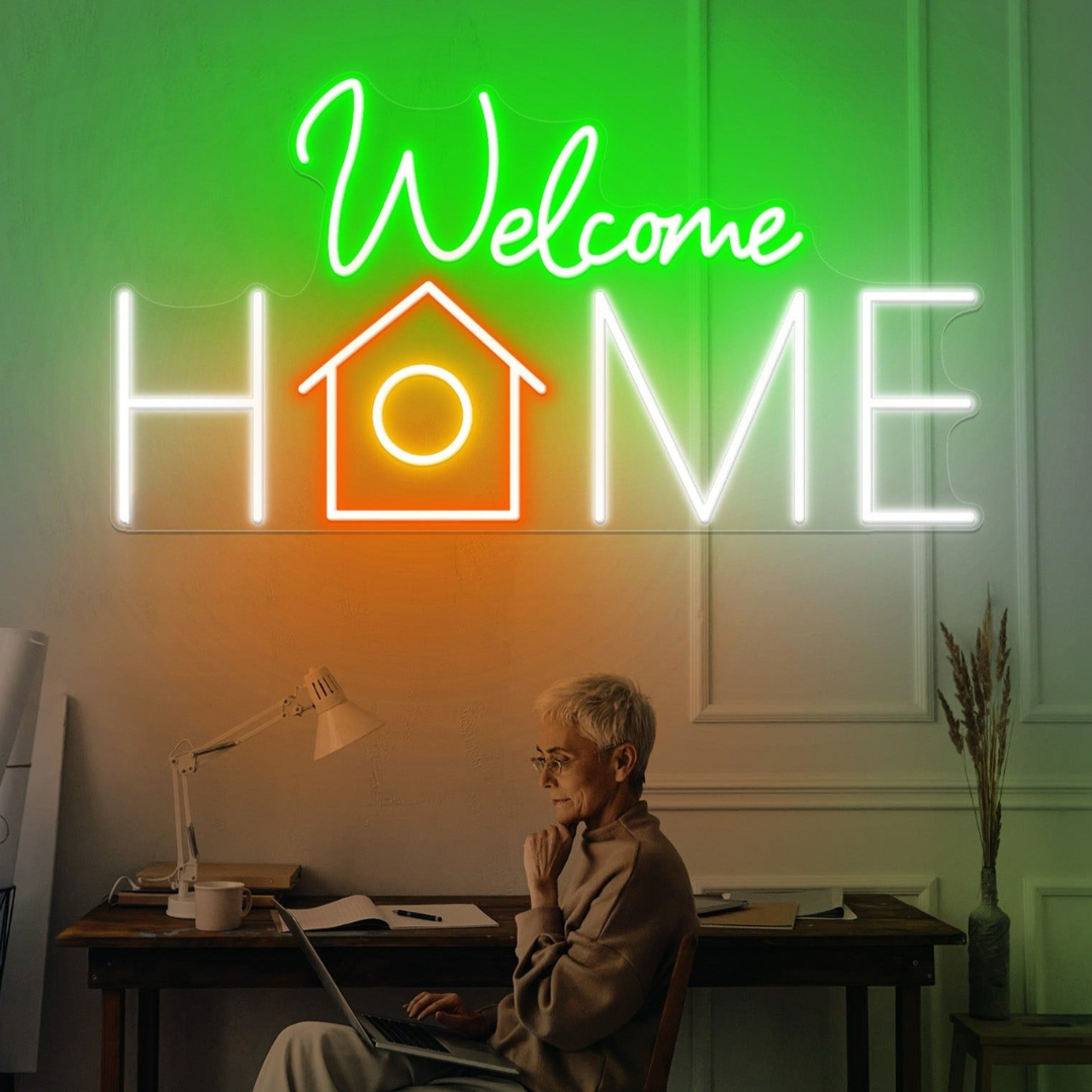 Welcome Home LED Neon Sign displayed in living room or hallway by Neon.Shop
