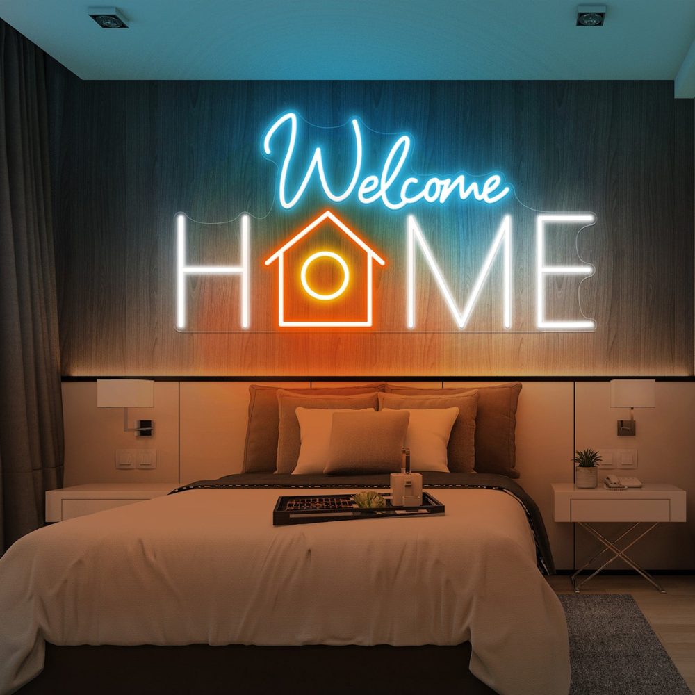 Welcome Home LED Neon Sign displayed in living room or hallway by Neon.Shop