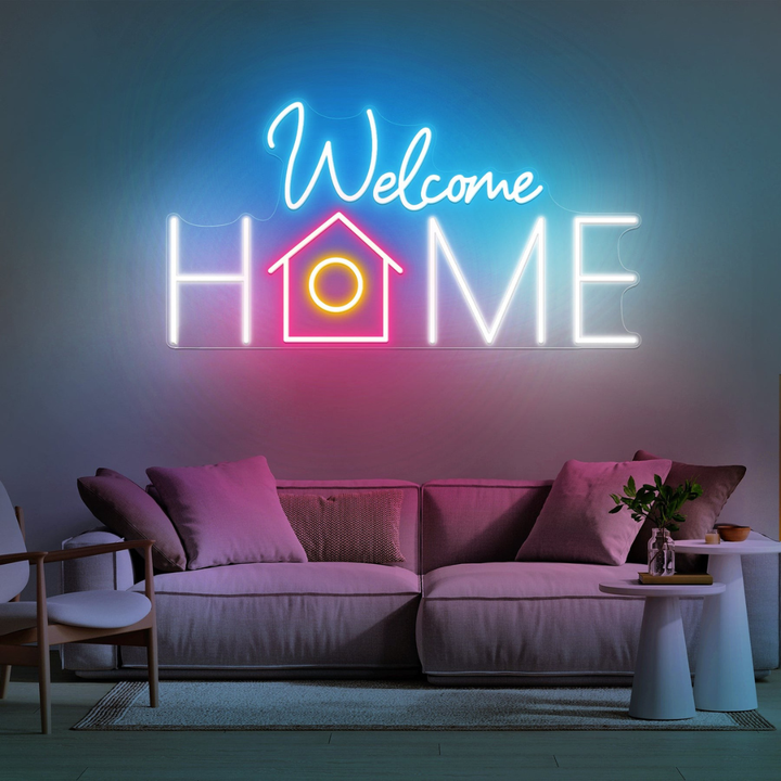 Welcome Home LED Neon Sign displayed in living room or hallway by Neon.Shop