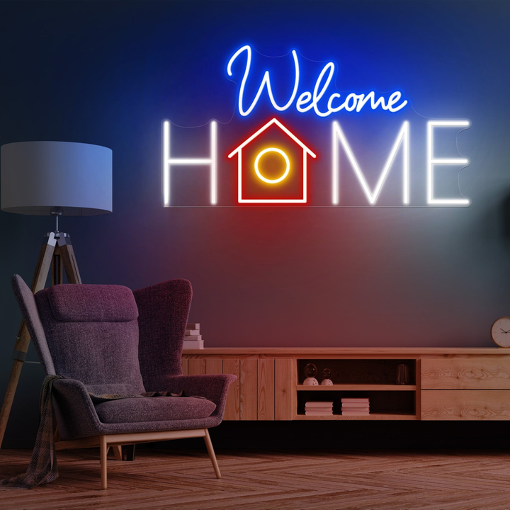 Welcome Home LED Neon Sign displayed in living room or hallway by Neon.Shop