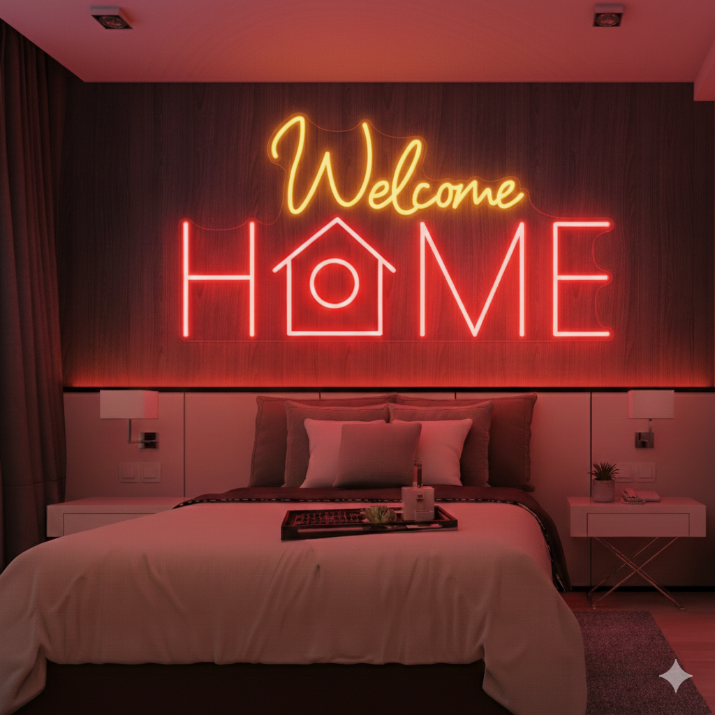 Welcome Home LED Neon Sign displayed in living room or hallway by Neon.Shop