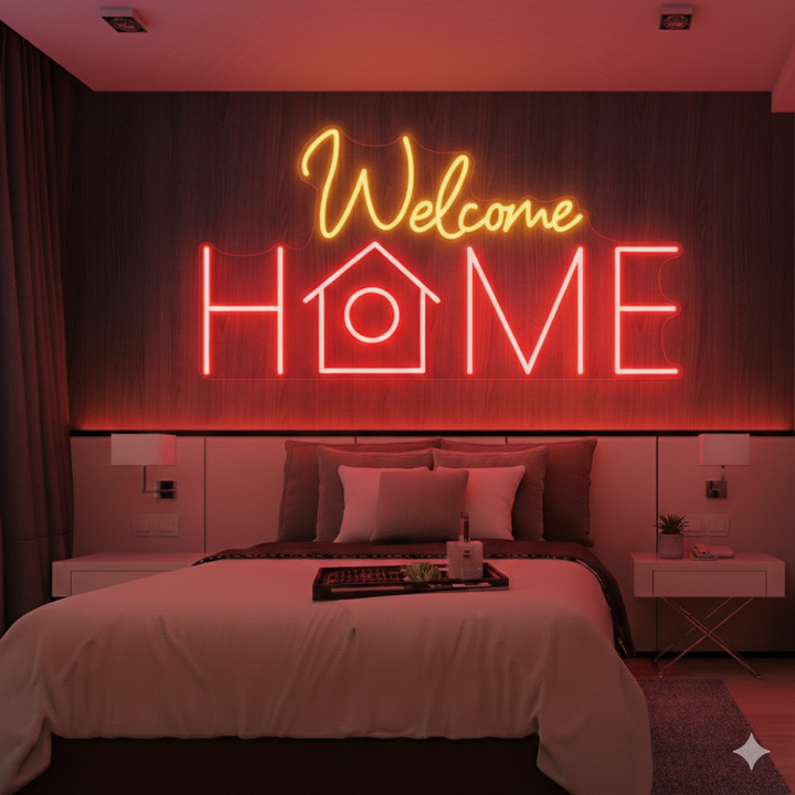 Welcome Home LED Neon Sign displayed in living room or hallway by Neon.Shop