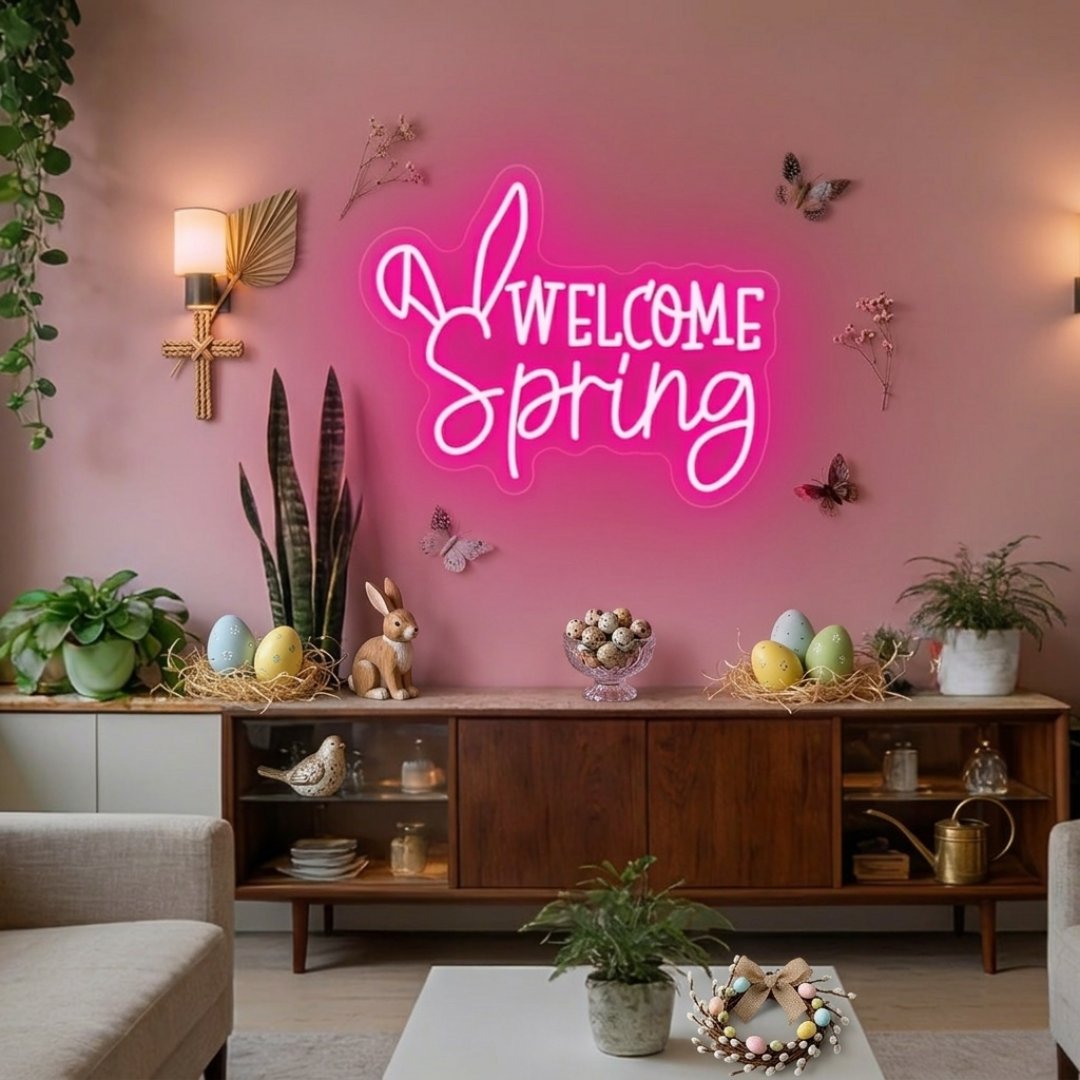 Welcome Spring Easter LED neon sign glowing on wall with bright seasonal lettering for home decor by Neon.Shop.