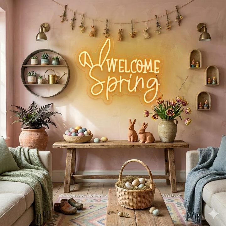 Welcome Spring Easter LED neon sign glowing on wall with bright seasonal lettering for home decor by Neon.Shop.