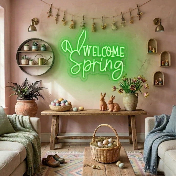 Welcome Spring Easter LED neon sign glowing on wall with bright seasonal lettering for home decor by Neon.Shop.