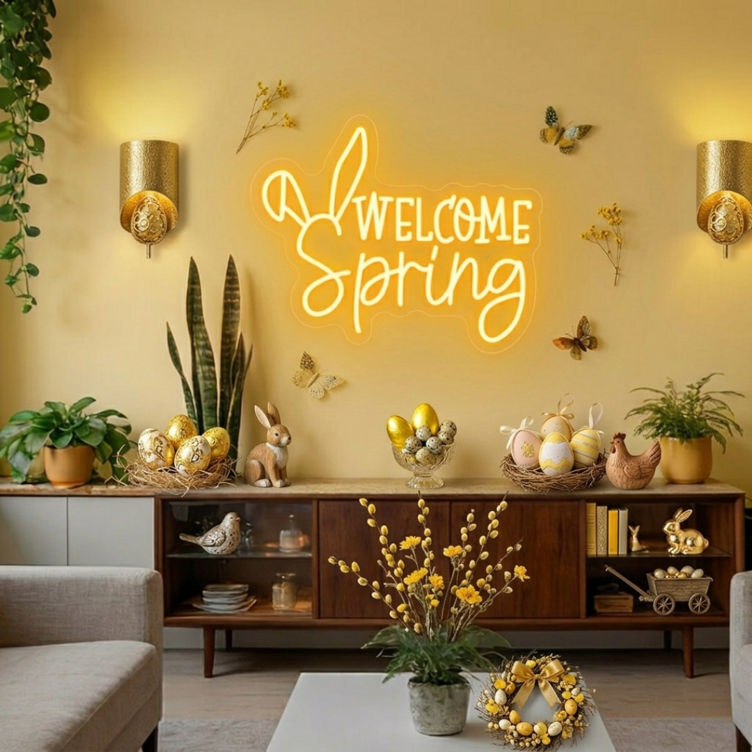Welcome Spring Easter LED neon sign glowing on wall with bright seasonal lettering for home decor by Neon.Shop.