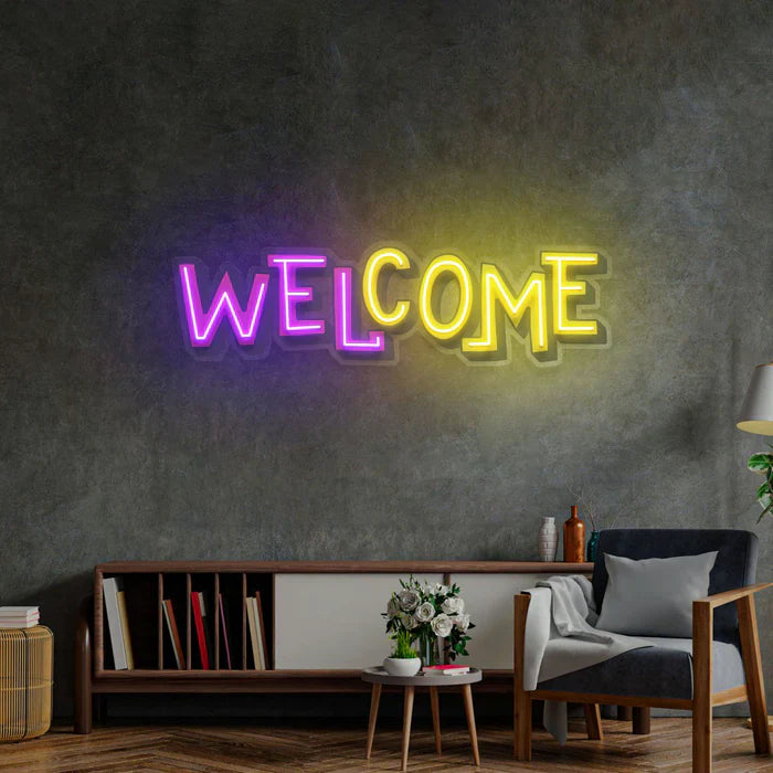 Welcome UV Art LED Neon Sign glowing with UV art style, inviting LED wall décor by Neon.Shop