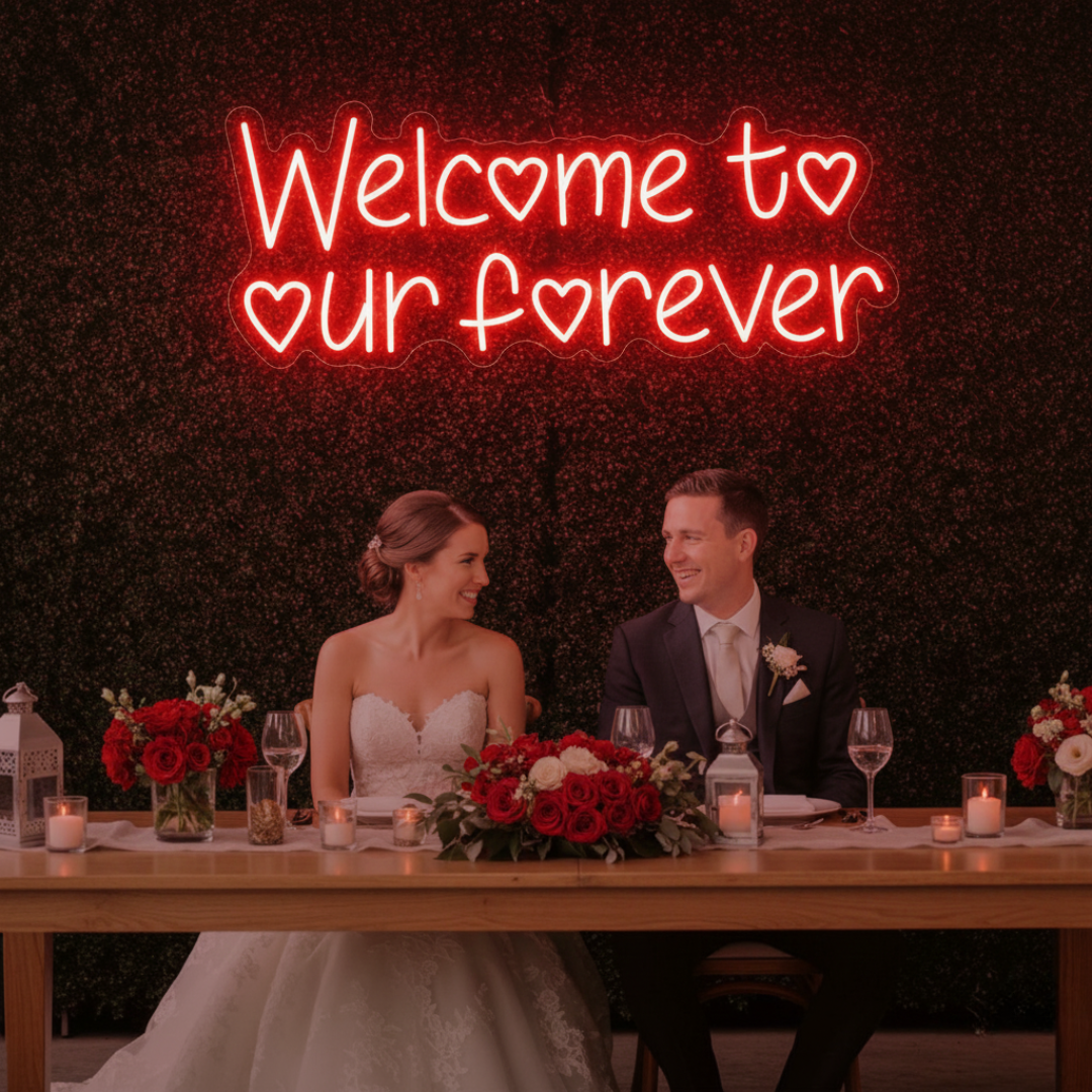 Welcome to Our Forever neon sign wedding reception backdrop Neon.Shop