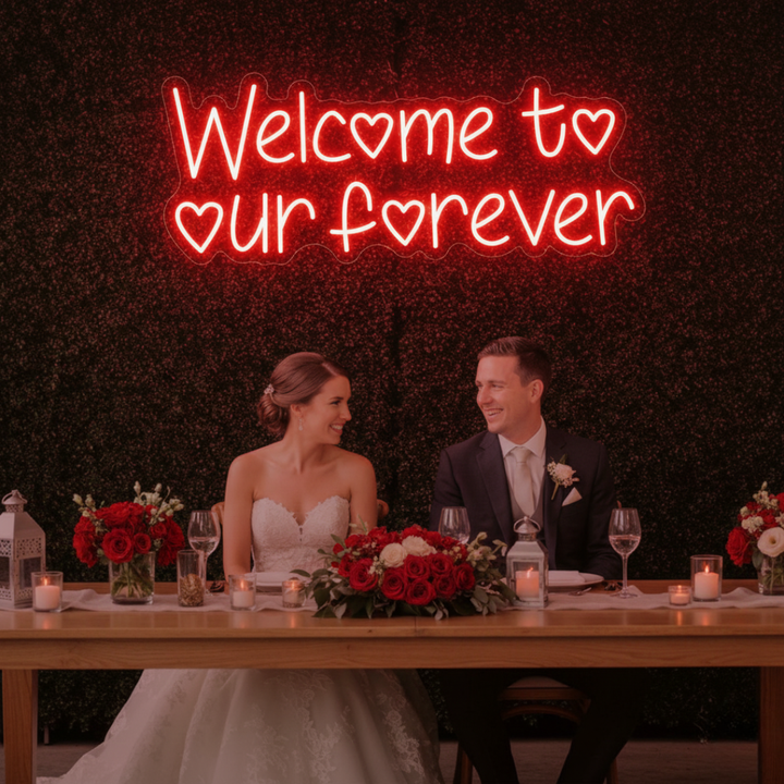 Welcome to Our Forever neon sign wedding reception backdrop Neon.Shop
