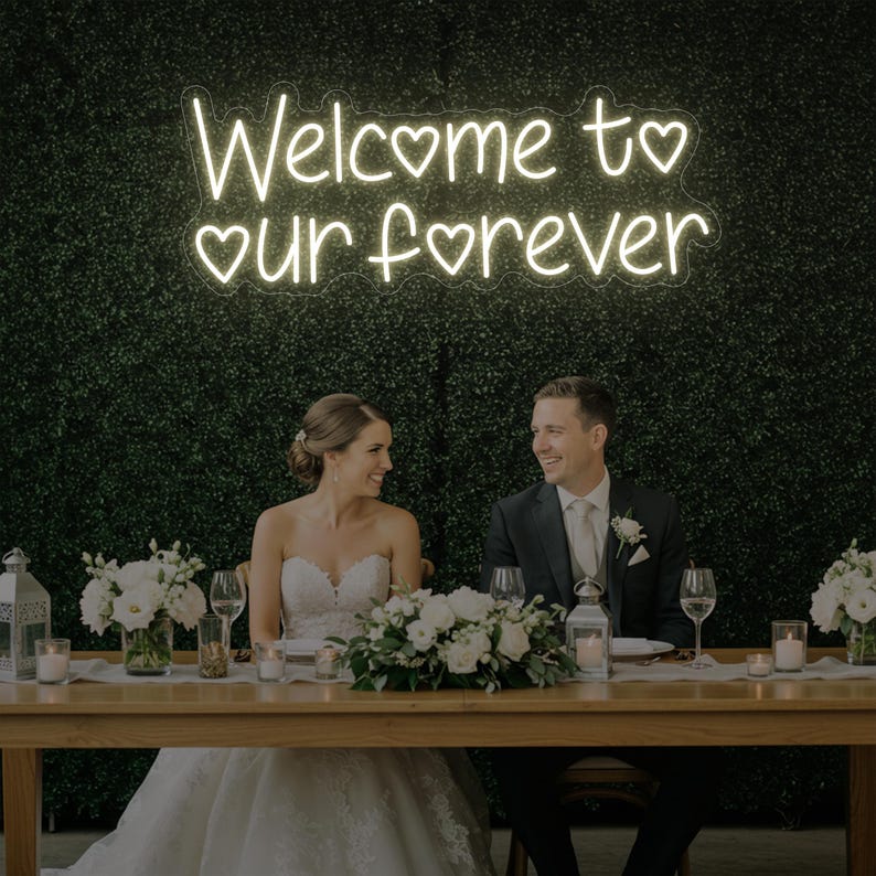 Welcome to Our Forever neon sign wedding reception backdrop Neon.Shop