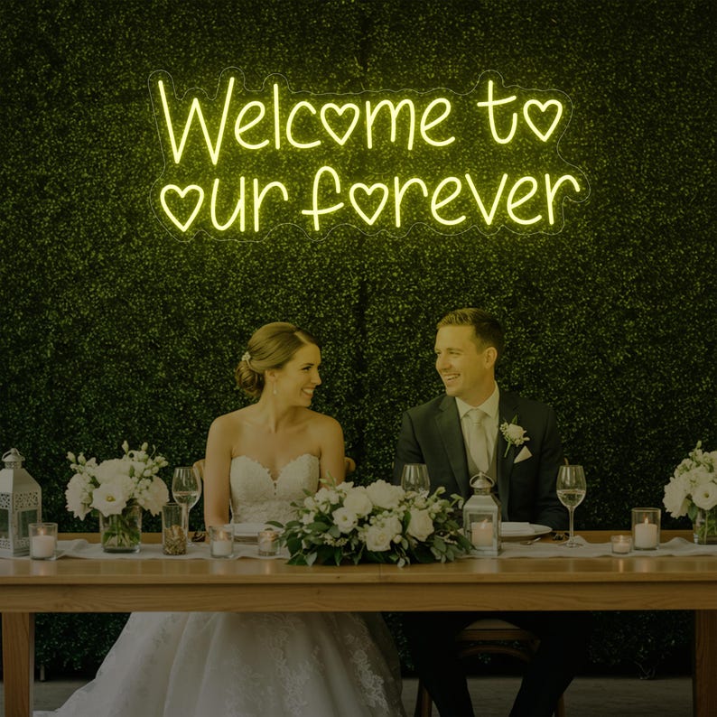 Welcome to Our Forever neon sign wedding reception backdrop Neon.Shop