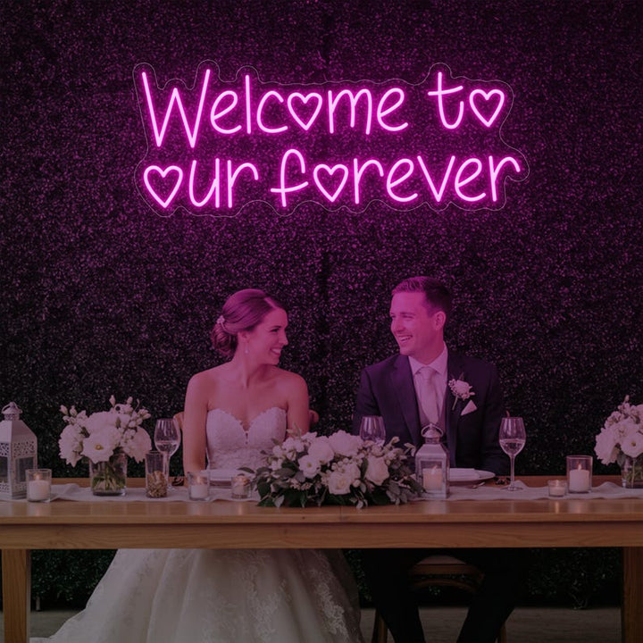 Welcome to Our Forever neon sign wedding reception backdrop Neon.Shop